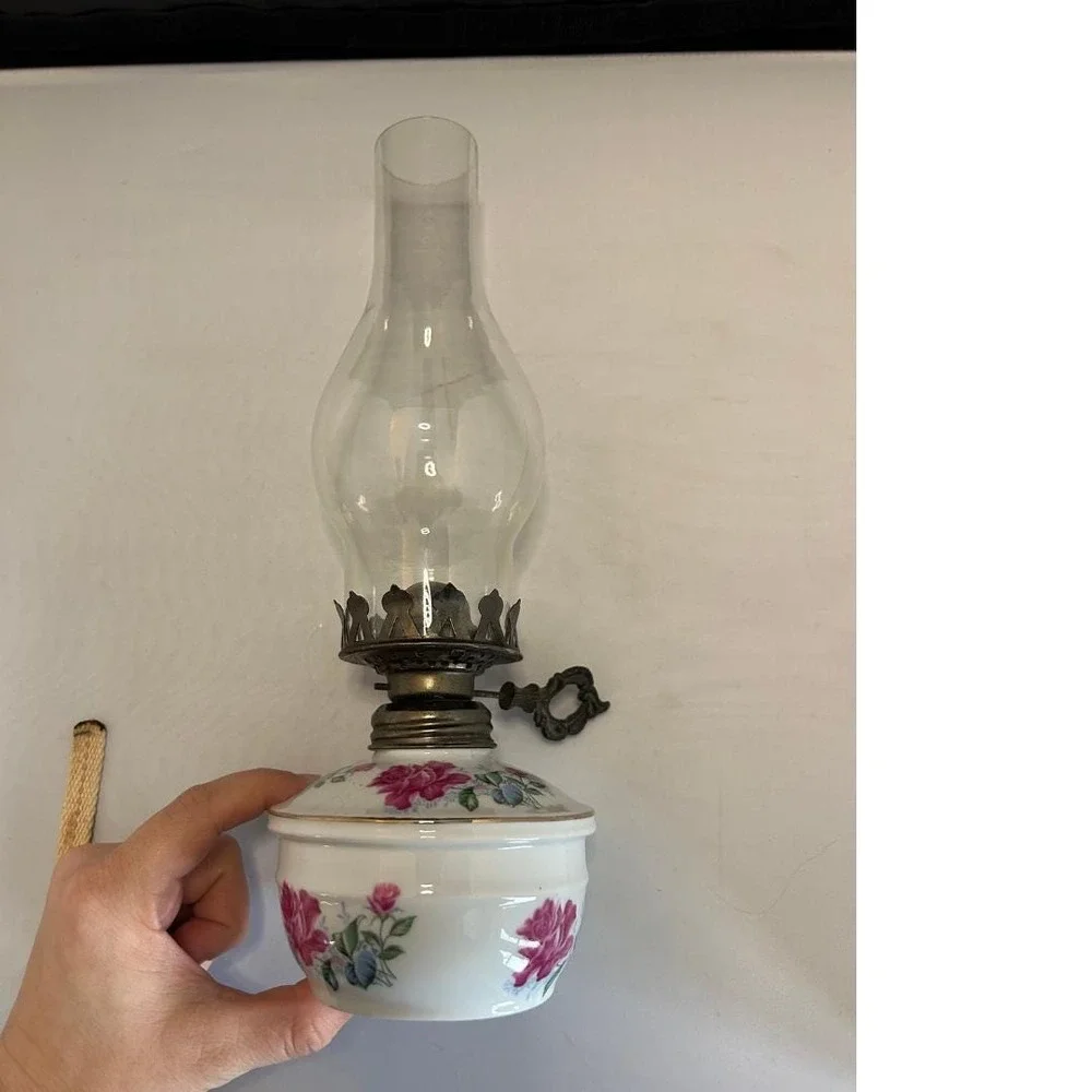 Vintage Floral Porcelain Oil Lamp -Pink Rose Transferware Kerosene Lamp